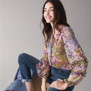 White House Black Market Watercolor Ruffle Sleeve Blouse